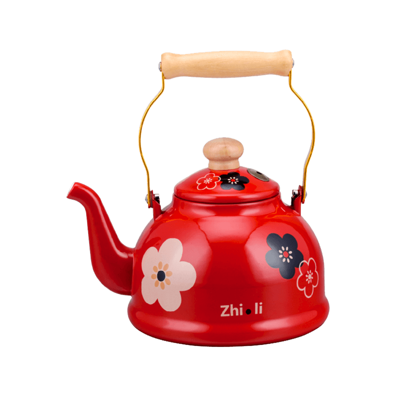 ʻO Red Floral Enamel Whistling i ka Kettle